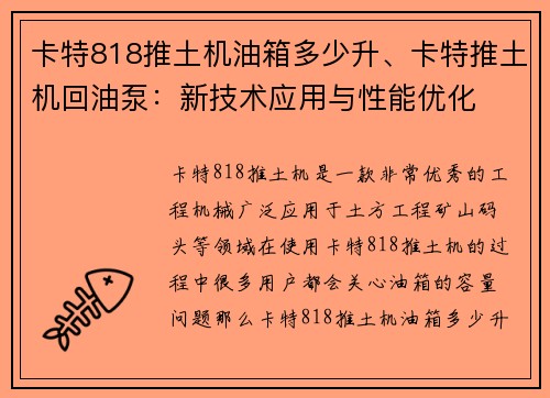 卡特818推土机油箱多少升、卡特推土机回油泵：新技术应用与性能优化